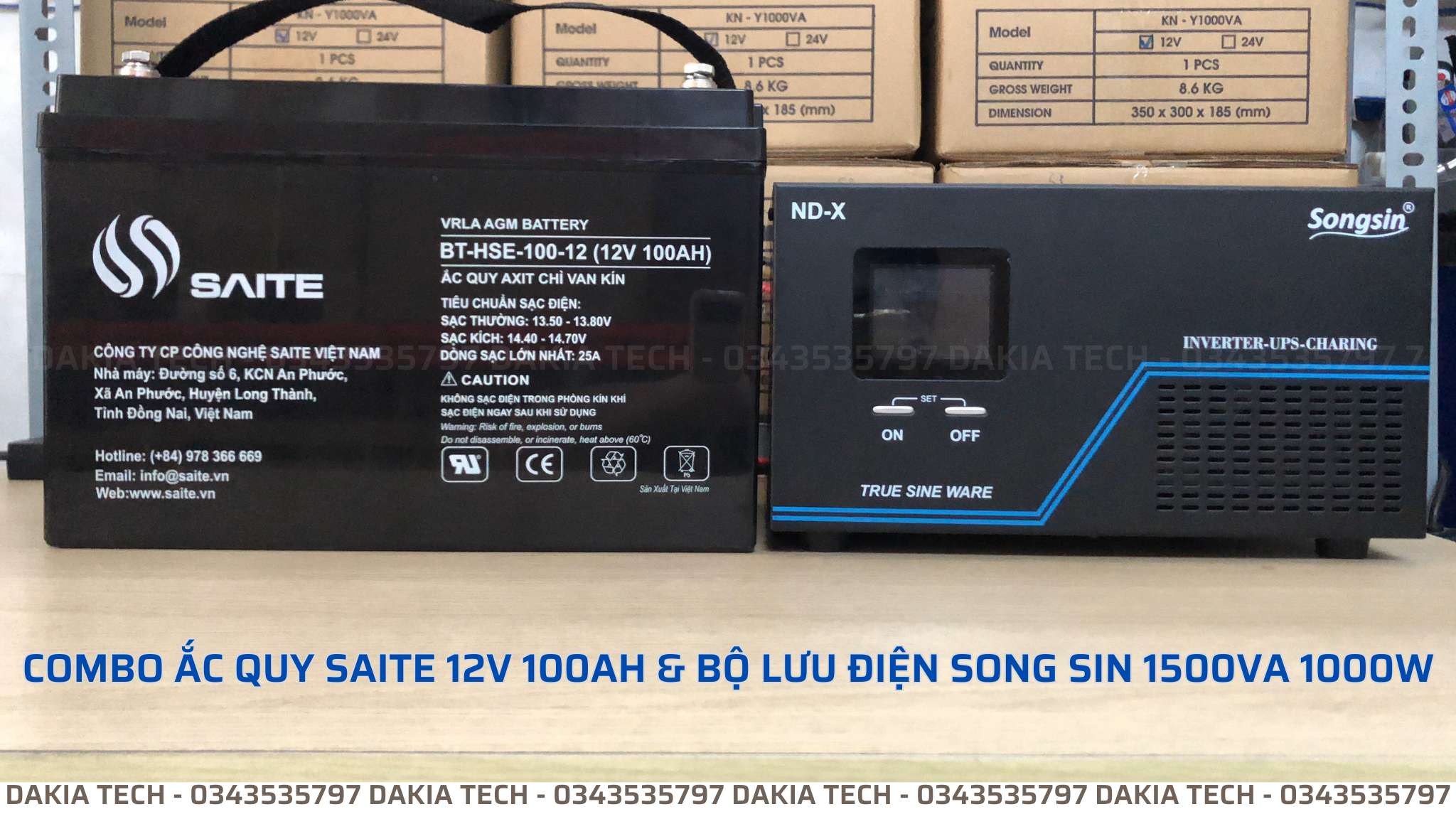 Combo Ắc quy Saite 12V 100Ah & Bộ lưu điện Songsin 1500VA 1000W