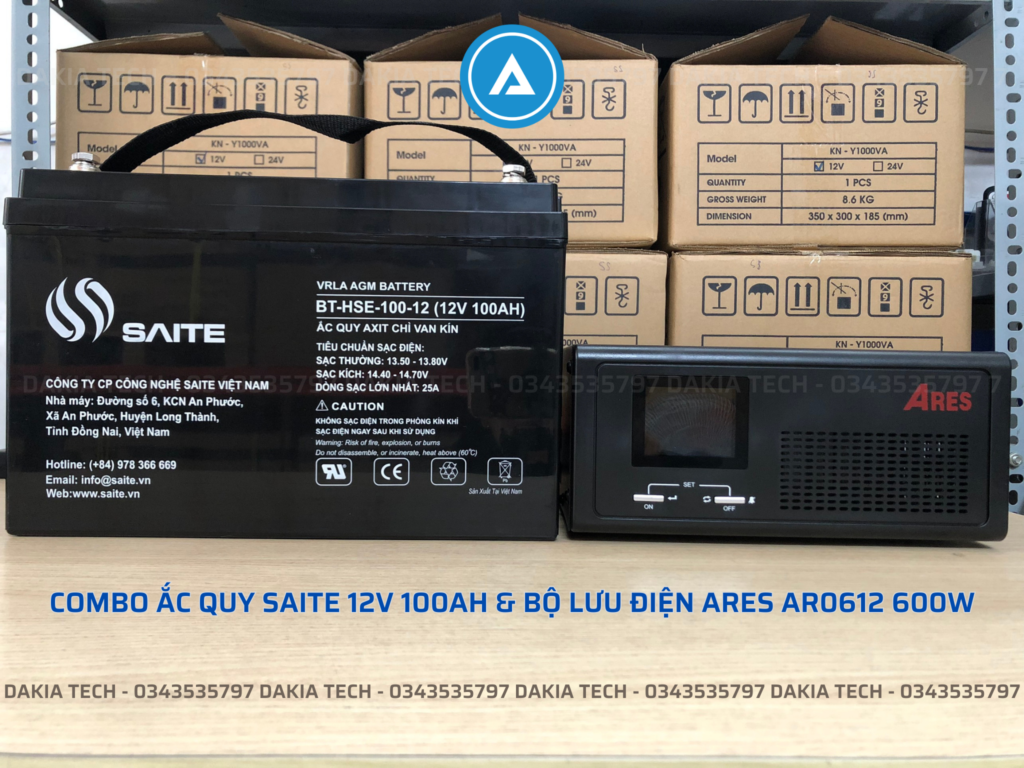 Combo Ắc quy Saite 12V 100Ah & Bộ lưu điện Ares AR0612 600W