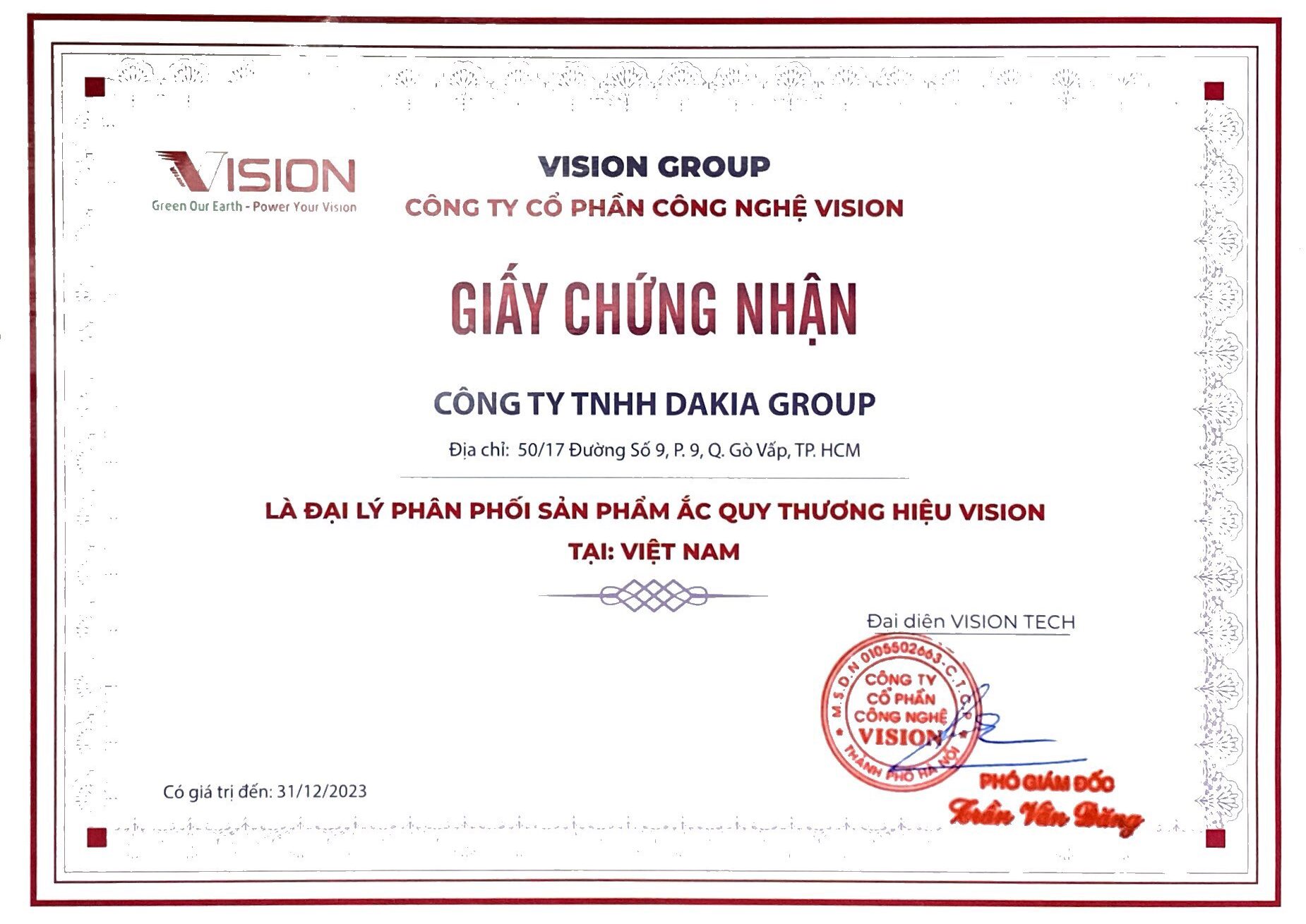 GCN Công ty TNHH DAKIA GROUP là đại lý phân phối sản phẩm Ắc quy Thương hiệu Vision tại Việt Nam