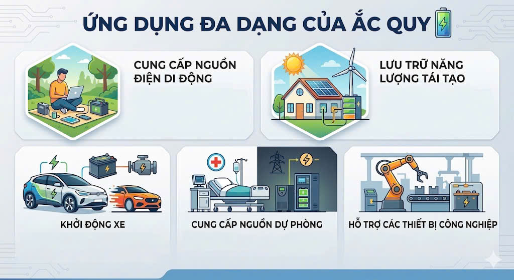 5 Lưu Ý Quan Trọng Để Sử Dụng Ắc Quy Đúng Cách 2 Ứng dụng của Ắc quy