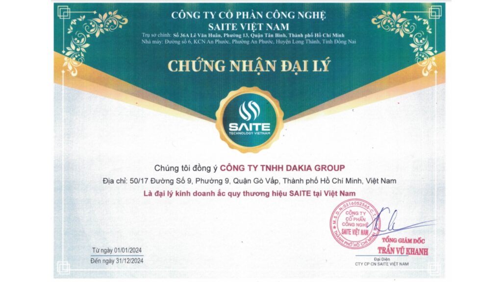 Giấy chứng nhận Công ty TNHH DAKIA GROUP là đại lý phân phối Ắc quy Saite