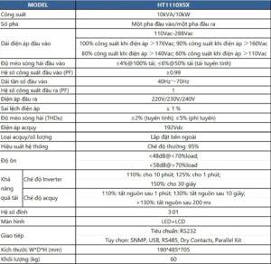 Thông số kỹ thuật bộ lưu điện ups Invt HT1110XSX 10kVA