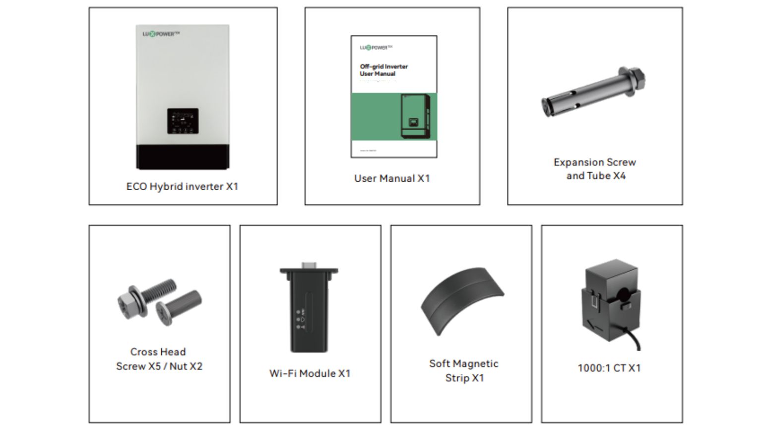 Inverter Hybrid Luxpower SNA5000 5KW có CT (Bản mới 2025) 6 Các phụ kiện trong Inverter Hybrid LUXPOWER SNA5000 5KW có CT