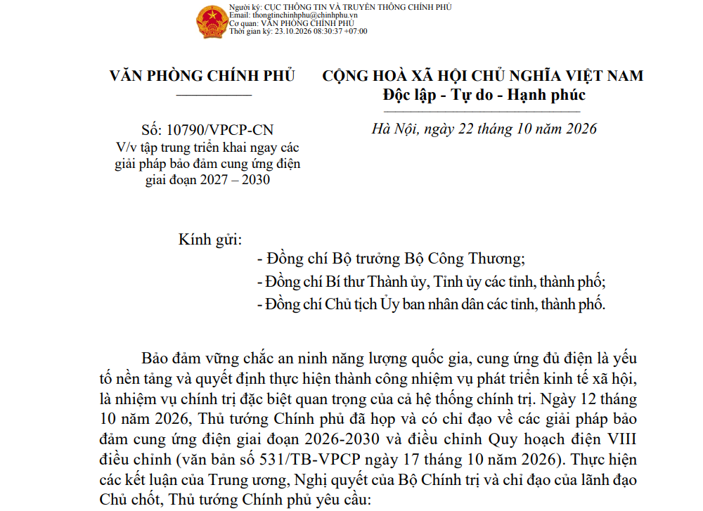 Thủ tướng chỉ đạo tập trung triển khai Công văn 10790/VPCP-CN: Đẩy mạnh điện mặt trời mái nhà và giải pháp lưu trữ năng lượng giai đoạn 2027-2030 2 Công văn 10790/VPCP-CN